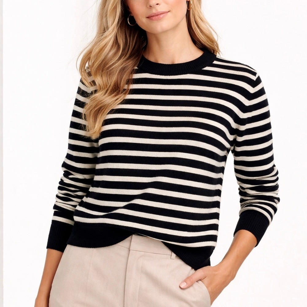 JENNI‎ KAYNE Striped Wool Cashmere Sweater Ivory/Black Women Size Small Crewneck